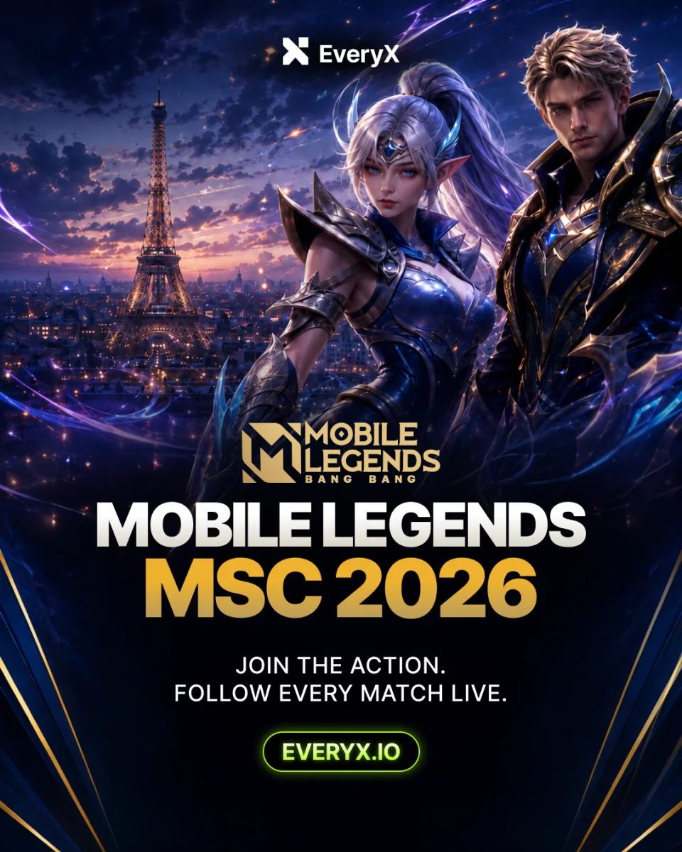 EveryX social post for the Mobile Legends MSC 2026 tournament, with game characters over a city at night