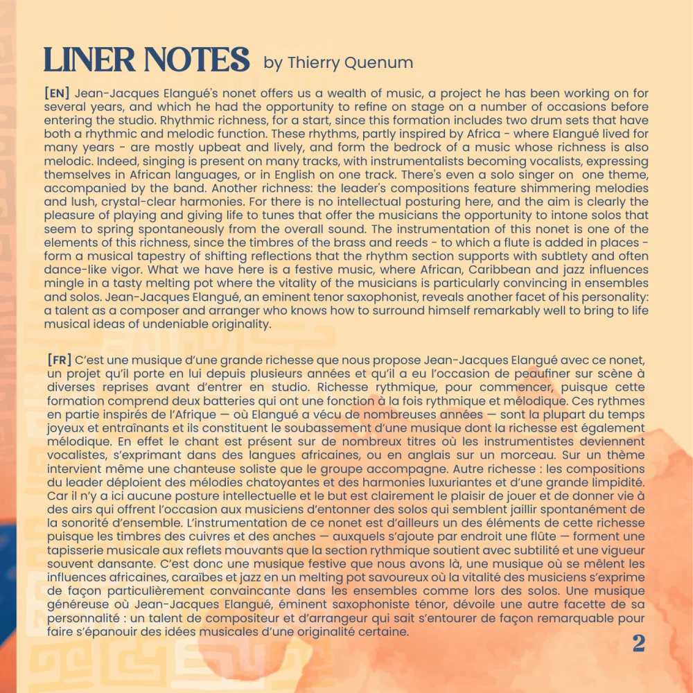 Booklet track list page over a warm orange photograph
